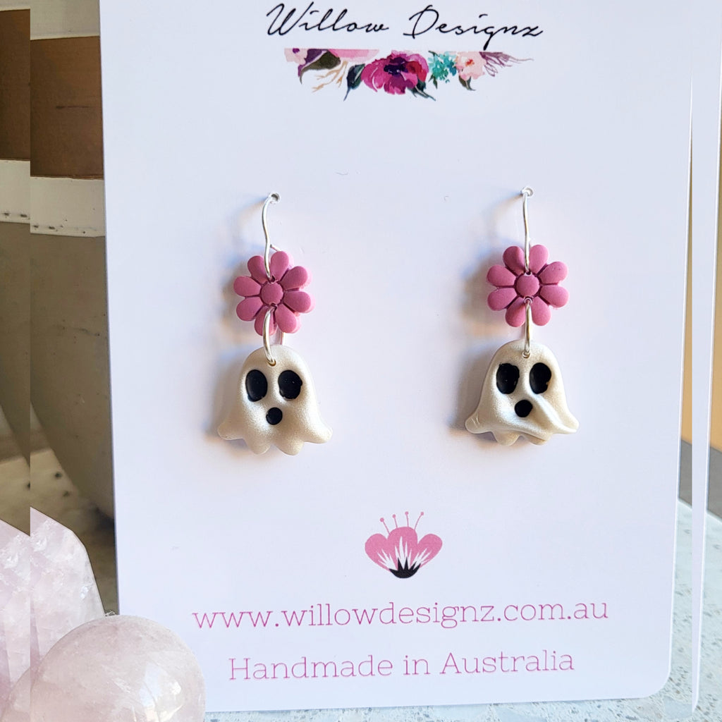 Spooky Floral or Pearl Handmade Halloween Ghost Earrings