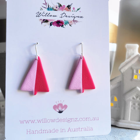 Handmade Pink and Red Festive Polymer Clay Christmas Tree Dangle Earrings