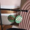 Handmade Sage Green Polymer Clay Disc and Brass Fan Dangle Hoop Earrings