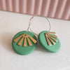 Handmade Sage Green Polymer Clay Disc and Brass Fan Dangle Hoop Earrings