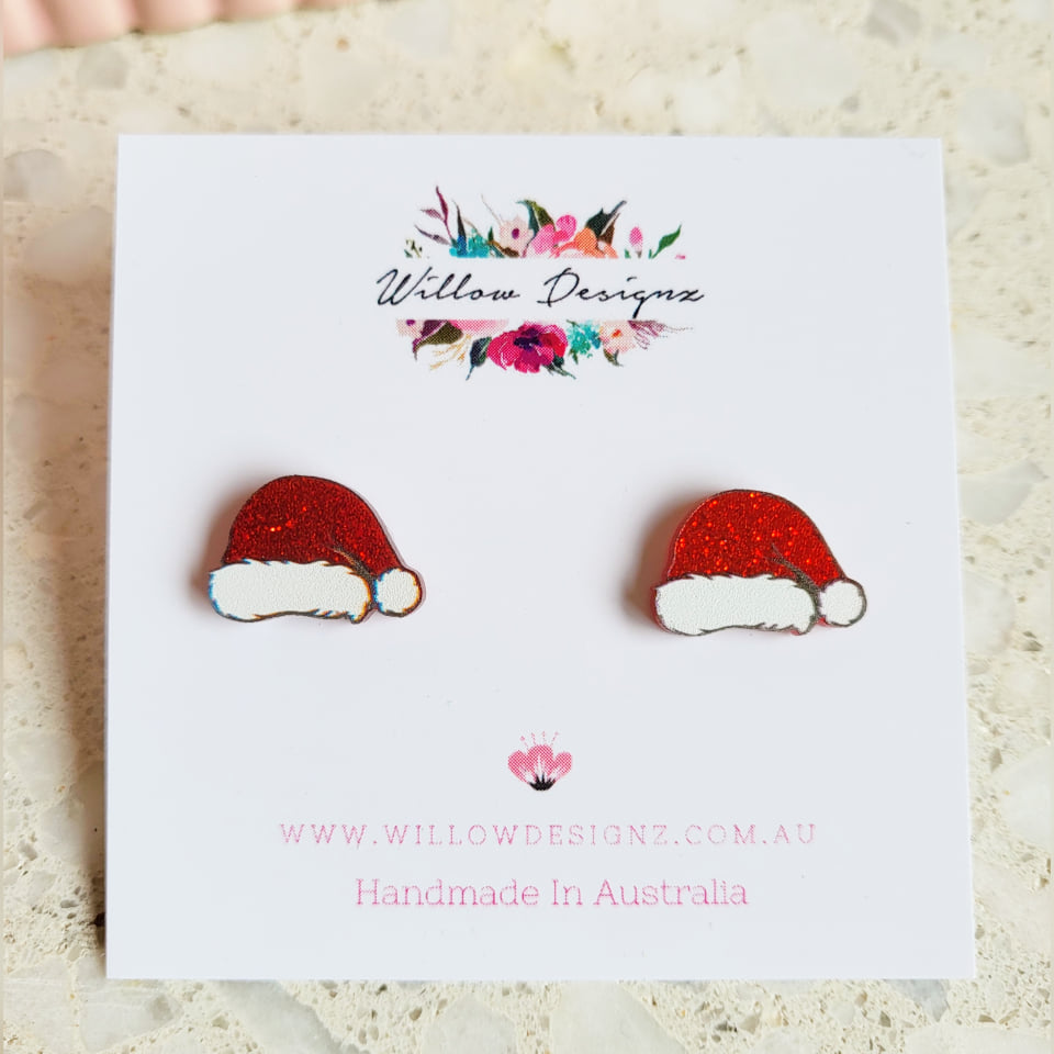 Kids or Adults Glittery Acrylic Stud Christmas Santa Hat Earrings