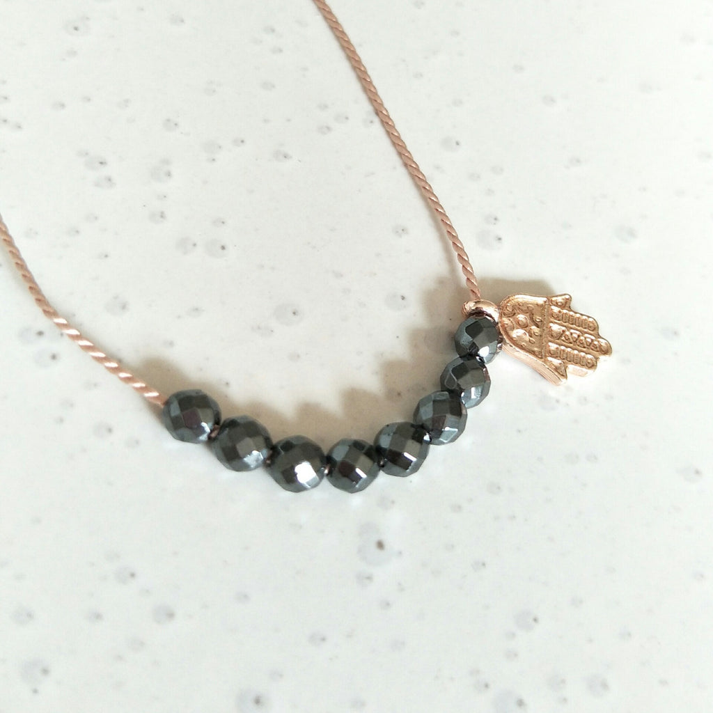 Handmade Unique Petite Rose Gold Hamsa Hand charm & Hematite beaded necklace