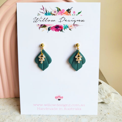 Handmade Forrest Green Dangle Earrings with Cubic Zirconia Leaf Charm