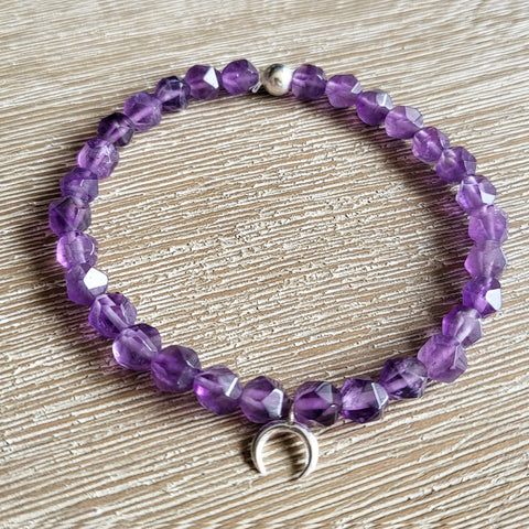 Faceted Amethyst Gemstone Bracelet With Celestial Moon Sterling Silver Charm