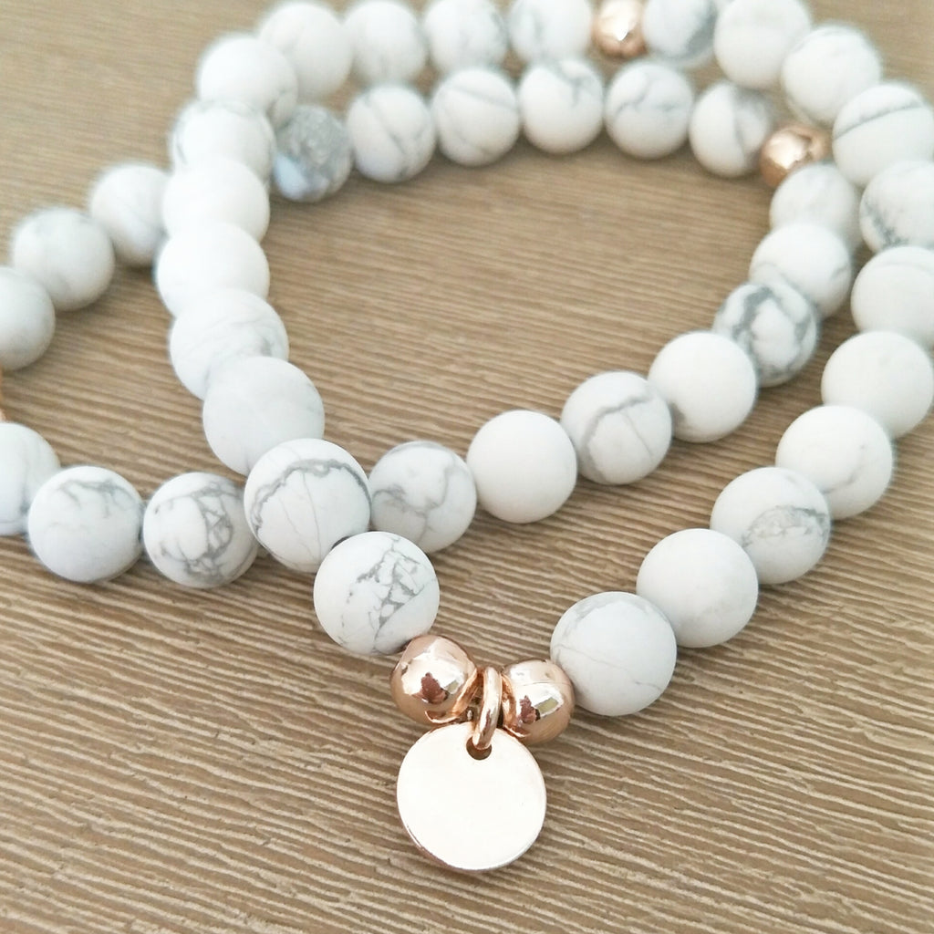 Howlite & Rose Gold beaded bracelet with Personalised Charm