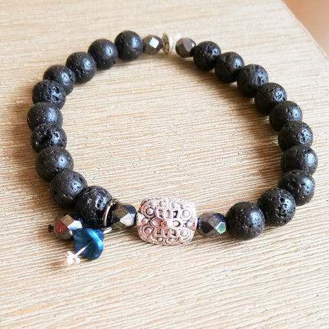 Black Lava Stone & Antique Silver Textured Bead Essential Oil Infusing Bracelet