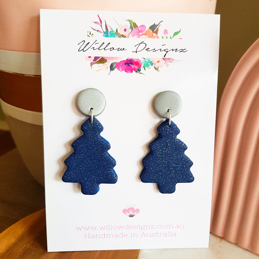 Handmade Silver and Blue Sparkle Polymer Clay Christmas Tree Dangle Christmas Earrings