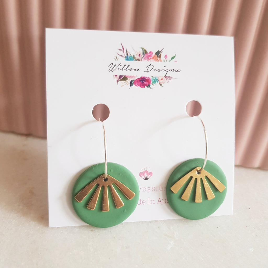 Handmade Sage Green Polymer Clay Disc and Brass Fan Dangle Hoop Earrings