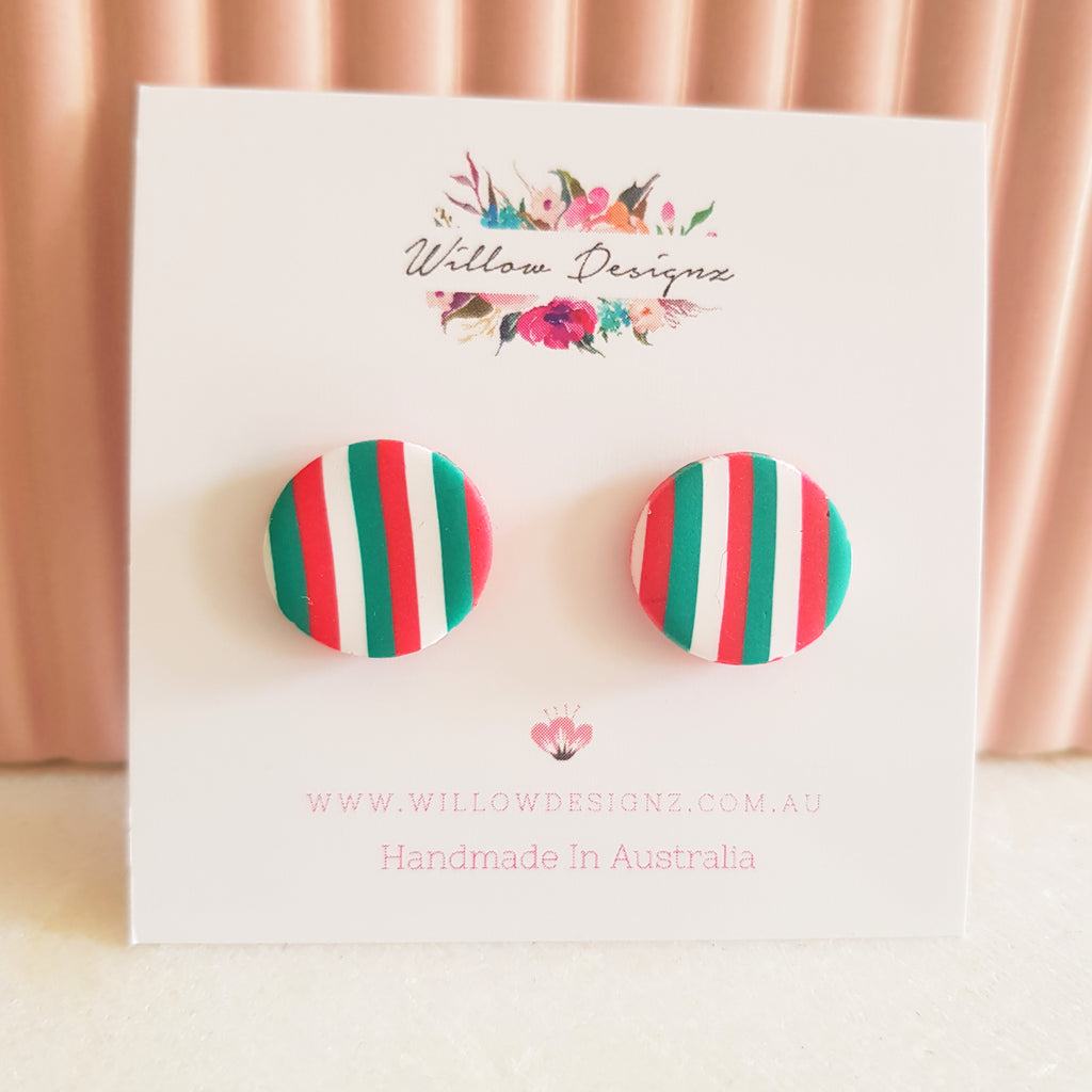 Handmade Stripy Christmas Inspired Oval Stud Polymer Clay Earrings