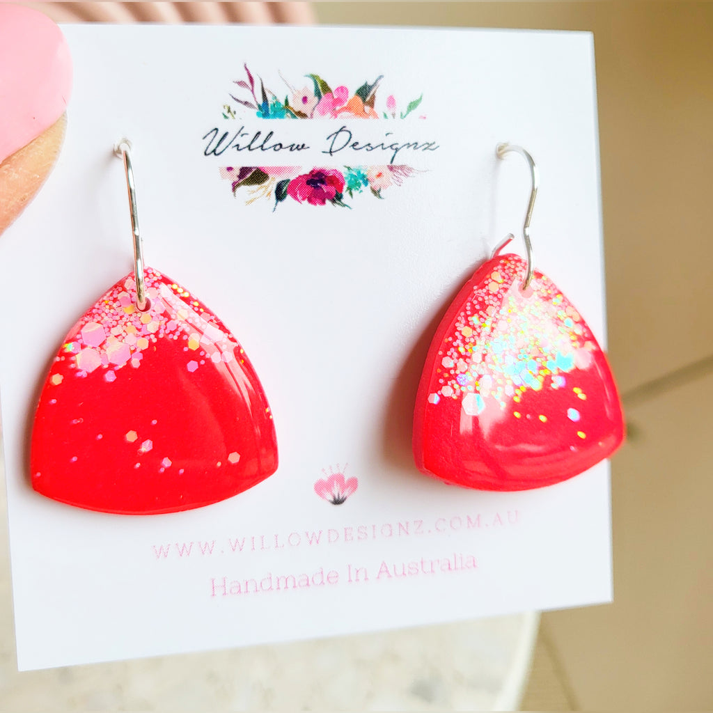 Handmade Christmas Red Sparkly Polymer Clay Triangle Glitter and Resin Earrings