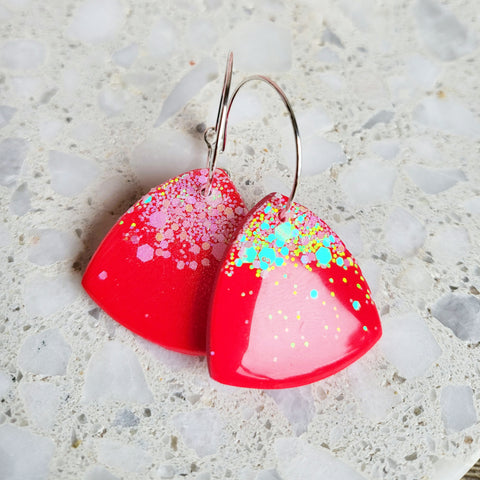 Handmade Christmas Red Sparkly Polymer Clay Triangle Glitter and Resin Earrings