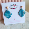 Handmade Teal Blue Marble Polymer Clay and Gold Ball Stud Dangle Earrings